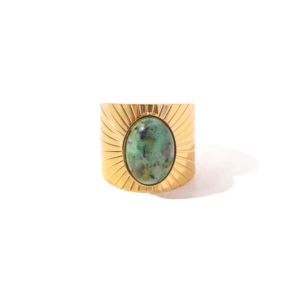 Vintage Oval African turquoise wide-faced opening Ring 18K gold plated stainless steel Sun Ring for women