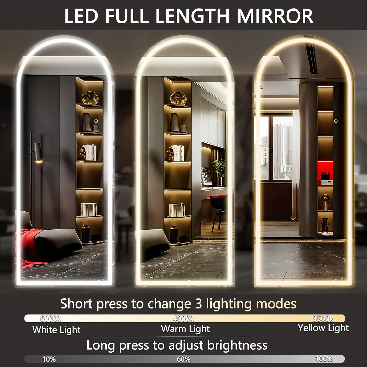 Customized Logo Eco-friendly floor mirrors acrylic Materials Makeup Hand adhesive mirror three color light bathroom mirror