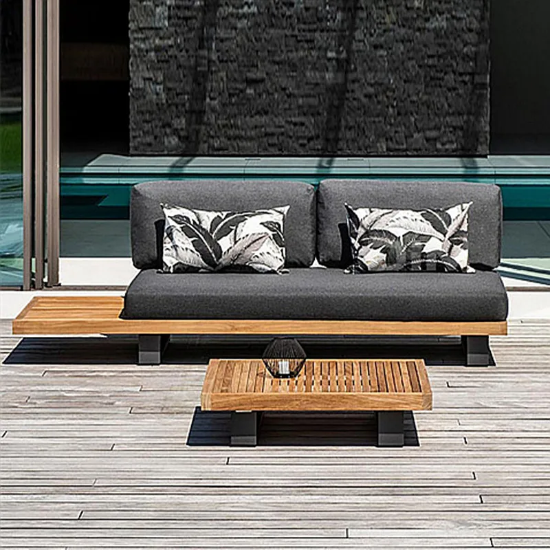 Simple Modern Waterproof Teak Wood Furniture with Cushions Living Room Balcony Garden Patio Hotel Sectional Outdoor Sofa