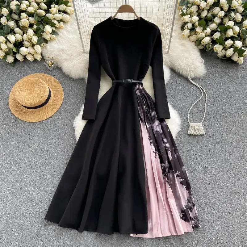 Autumn thin knit stitched Pleated Dress irregular skirt temperament ol style long skirt wedding dress for guests women