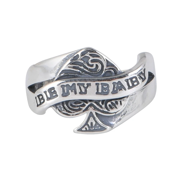 Real Silver S925 Sterling Silver Ring Jewelry Vintage Punk Poker Spades Adjustable Ring for Men and Women