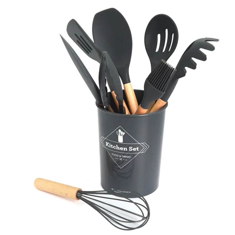 Factory Direct Price 12 PCS Silicone Kitchen Utensils Set Accessories Cooking Tool Set With Beech Wood Handle