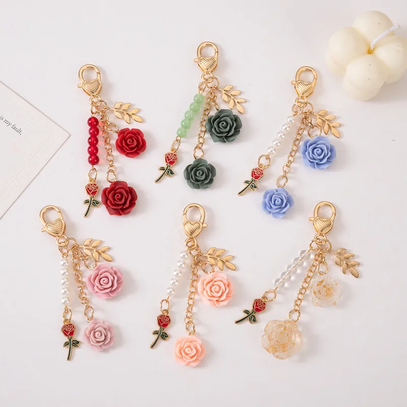 3D Camellia Rose Flower Key Chains Alloy Metal Resin Flower Keychain For Bag Car Key Pendant Accessories