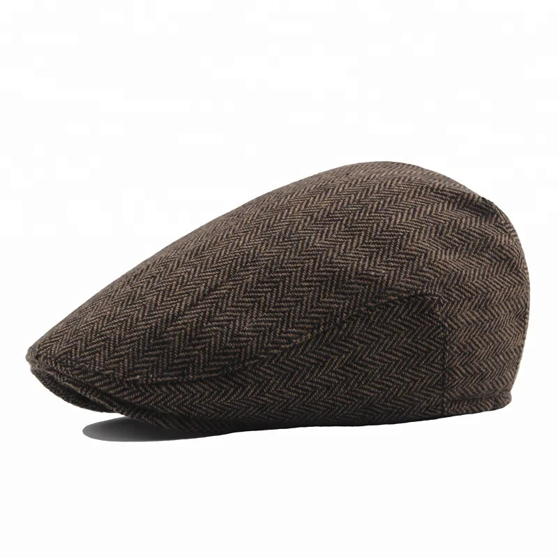 Custom Design Wholesale Cut and Sewn Tweed Hats Spring Autumn Herringbone Beret Hat Cabbie Wool Flat Top Ivy Cap for Men 2
