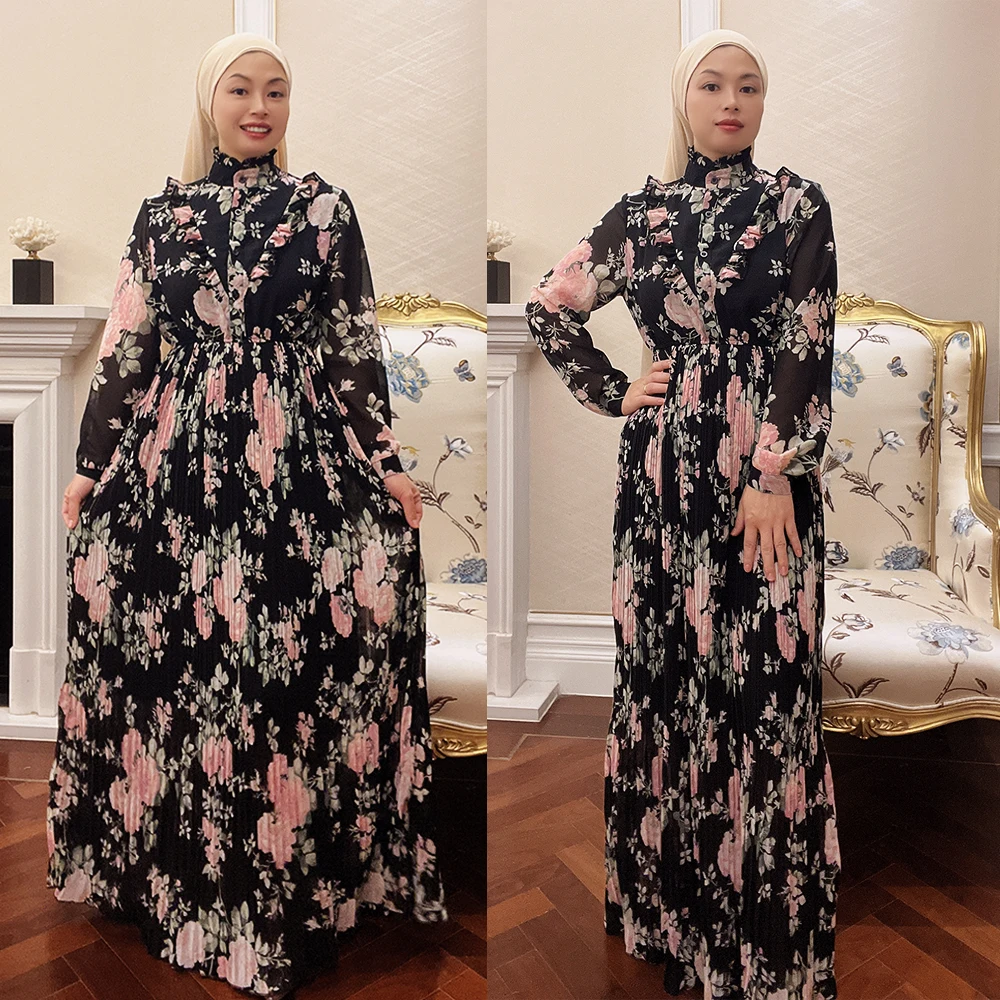 Wholesale Dubai Modest Muslim Fashion Elegant Long Maxi Floral Print Pleated Dress Abaya for Muslim Women