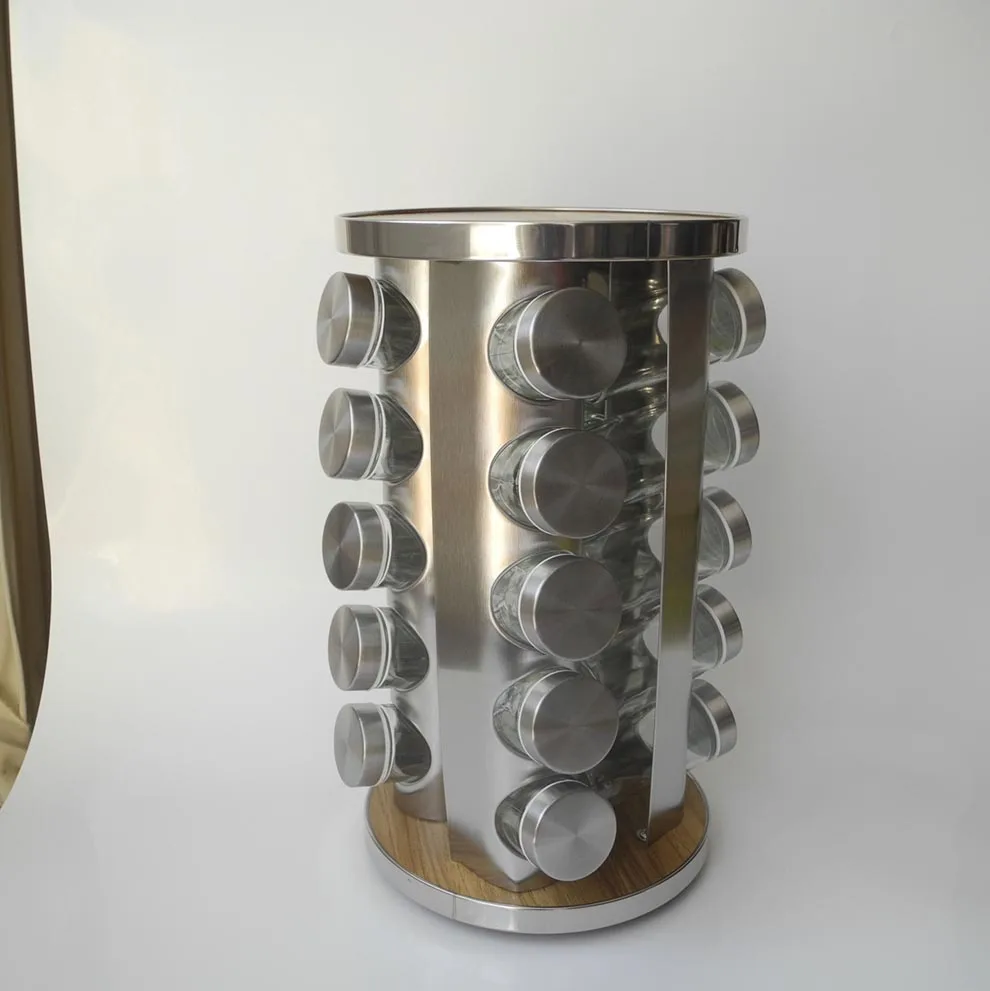 Space Saving & Easy Access Revolving 20 Empty Glass Jars Kitchen Countertop Stainless Steel Spice Rack Tower Stand Organizer