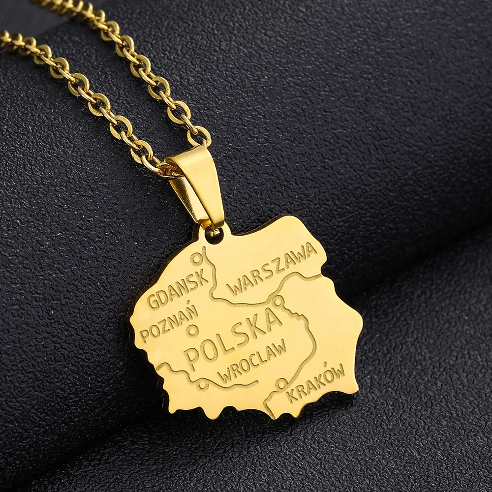 High Quality Non Tarnish Silver 18K Gold Plated 316L Stainless Steel Poland Map Pendant Necklace Jewelry For Women