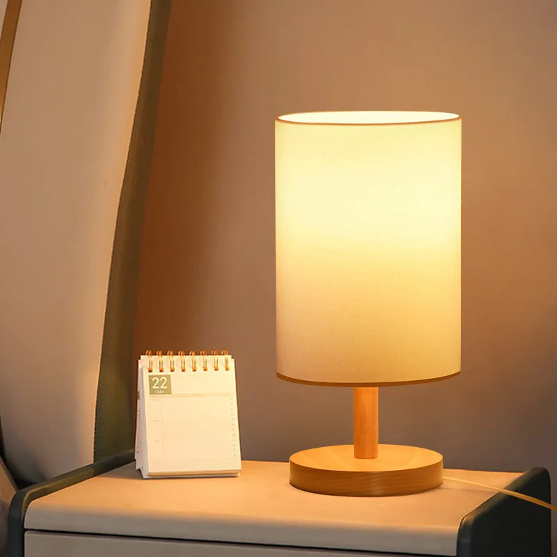 Bedside Table Lamp Base Mini Desk Lamp Fabric Lampshade Wooden OEM Nordic Simple Cylinder Linen Bedroom Minimalist Plug in