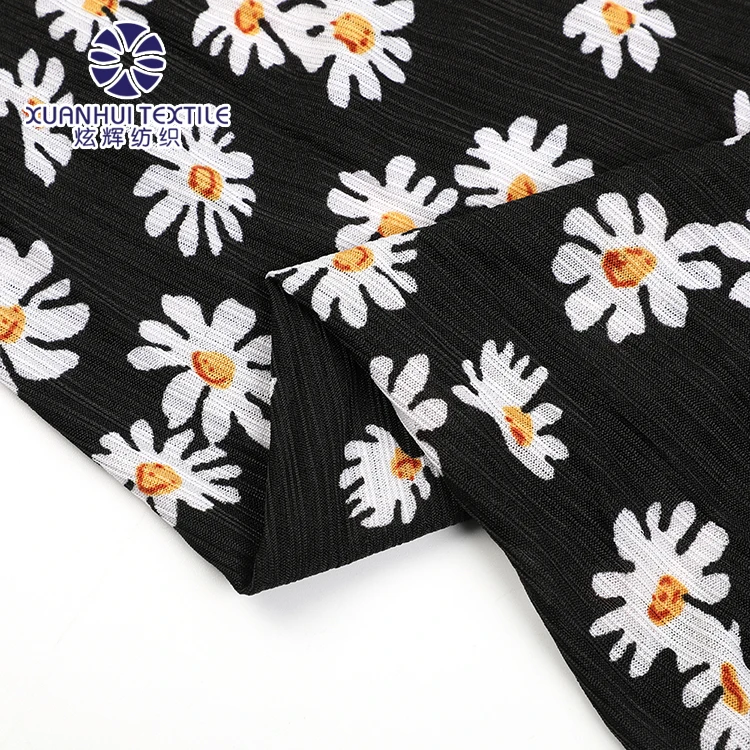 
Xuanhui Textile Printed Knitted Fabric Sun Flower Design FDY Striper In Stock Polyester Four Way Stretch Spandex Fabric 