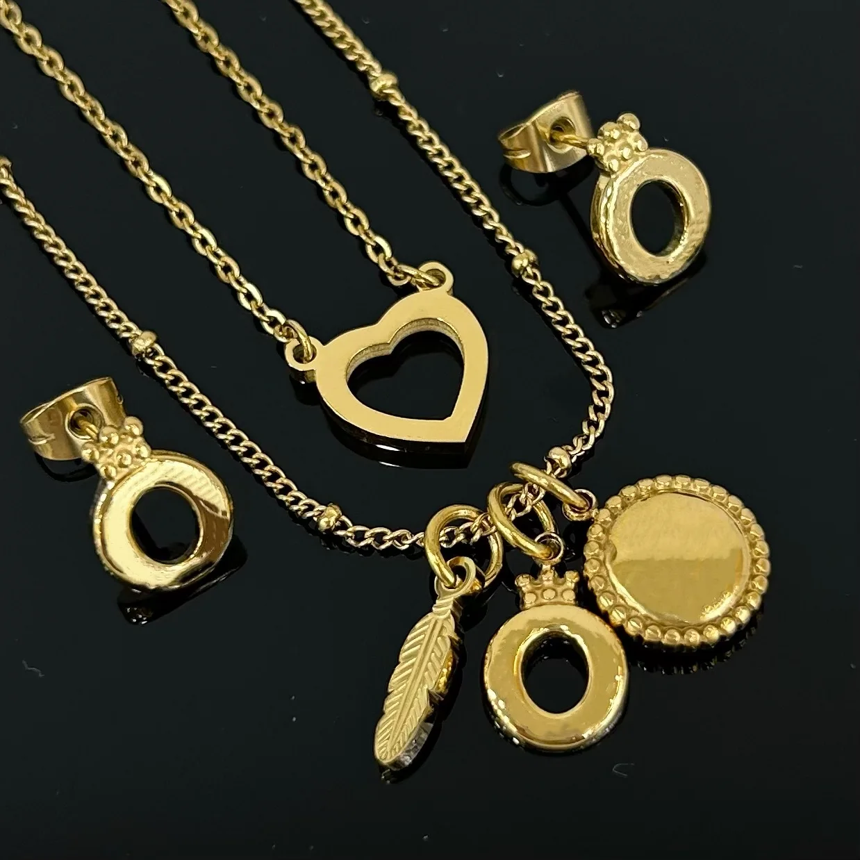 Charming love Feather Disc Double stainless steel necklace Earrings jewelry set Lady gift