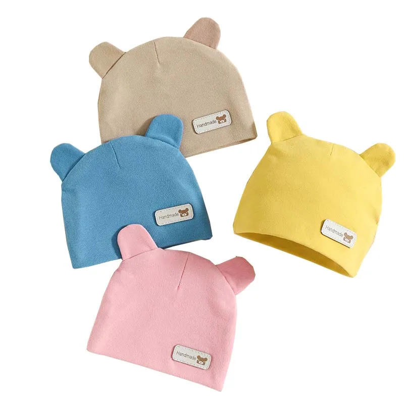 Wholesale solid color soft knitting cotton baby beanie fetal hat with bear ears for unisex newborn infant