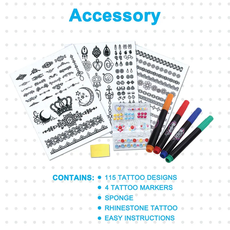 Coloring Tattoo Kit Face Painting with 4 Tattoo Pens Gem Sticker DIY Art And Craft Tattoo Marker For Kids