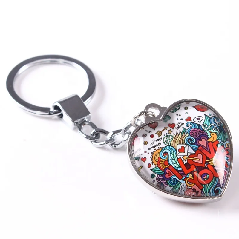 
Peach Heart Colorful Pattern Letter Double-sided Crystal Glass Borderless Keychains 