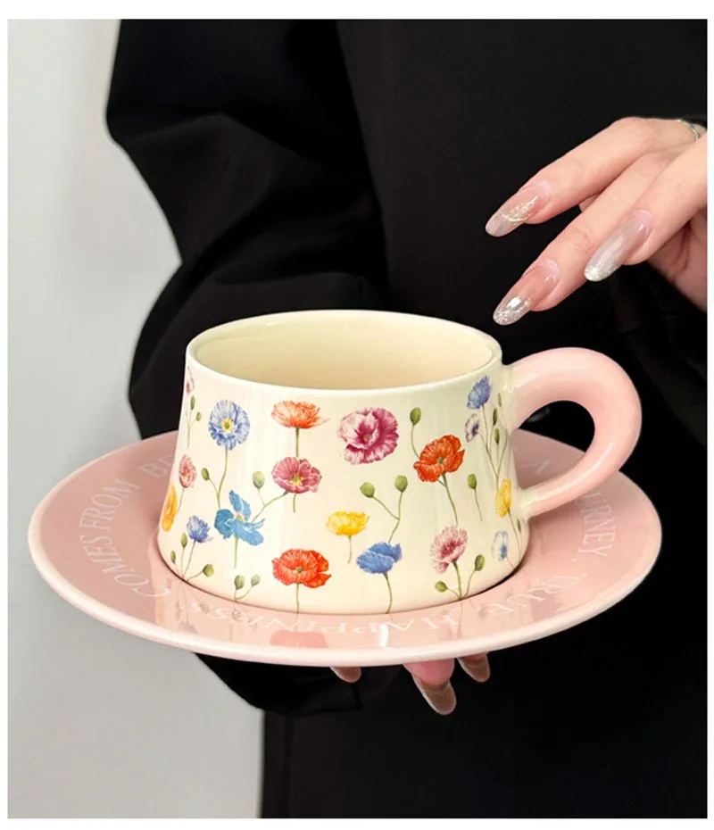 Solhui Wholesales pink ceramic coffee cup and saucer set vintage flower mug set