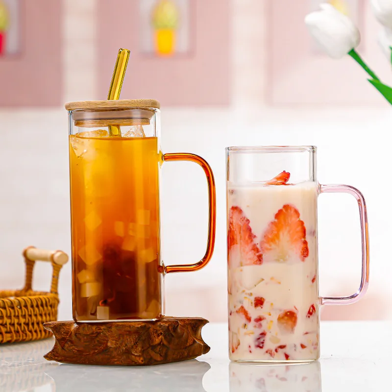 Drinking Glasses with Bamboo Lids and Glass Straw square Shape Cup Mug Lid