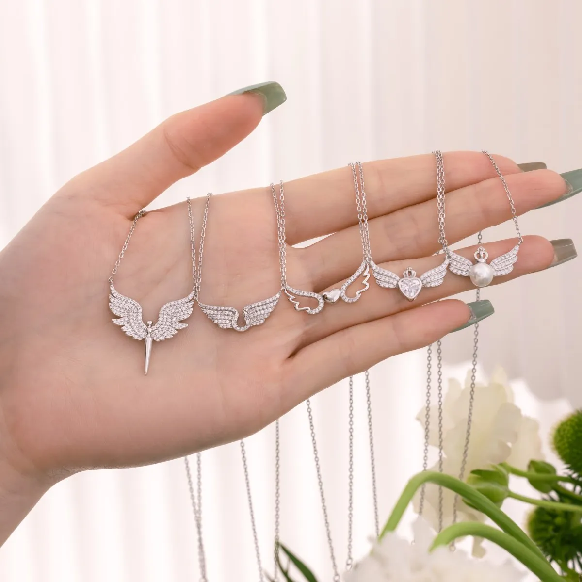 Dylam Vintage Bulk 5A Cz Cubic Zirconia 18K Gold Necklace 925 Sterling Silver Wing Heart Pendant Necklaces For Women Jewlery