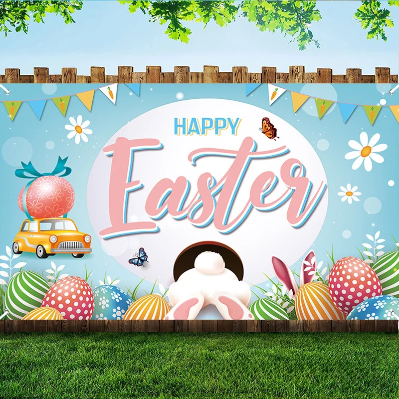 2024 New Easter Banner Decoration Background Cloth Rabbit Egg Garden Flag Easter Flag