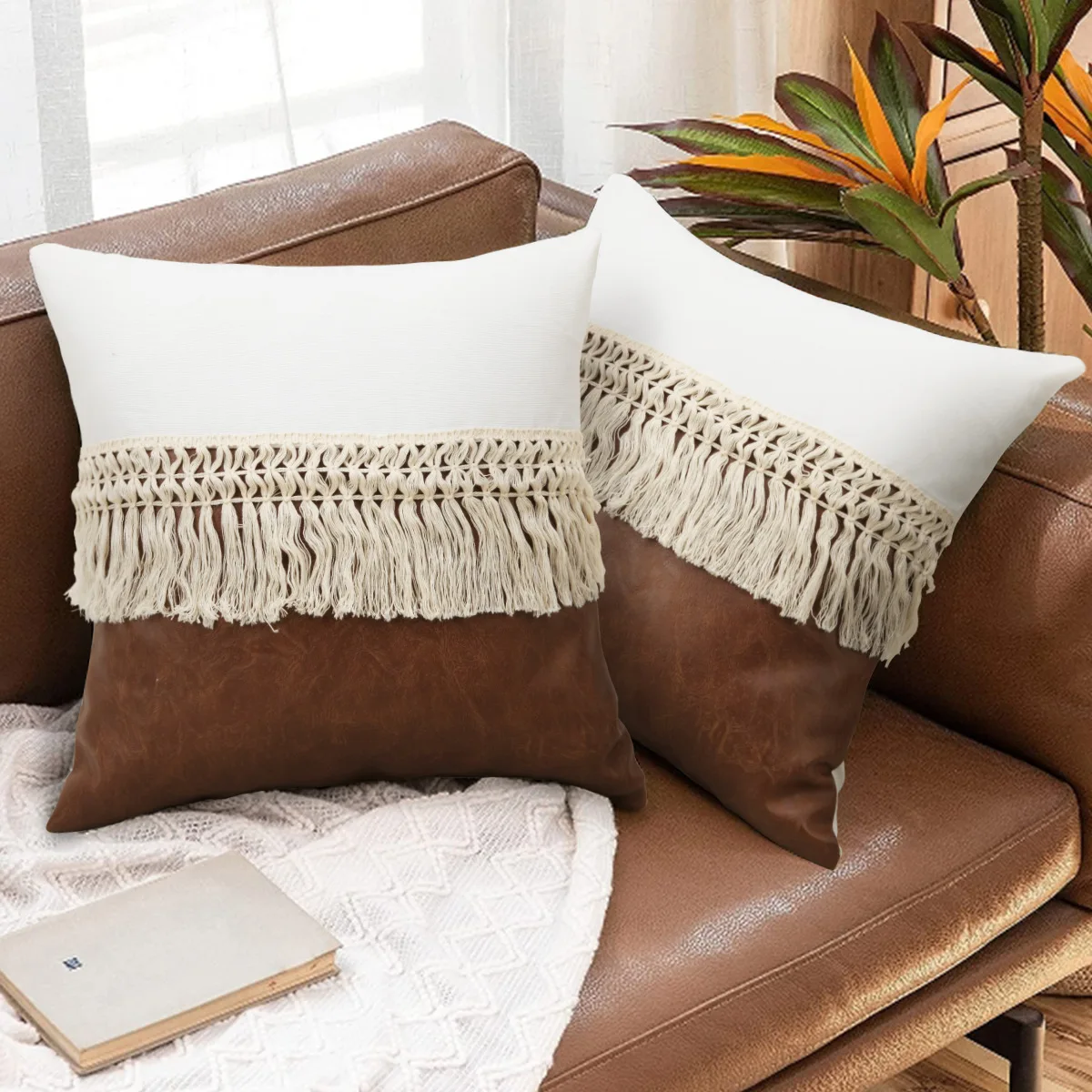 Nordic Canvas Leather Patchwork Pillow Cases Wholesale Luxury Boho Cushion Cover Outdoor  Throw Pillow with Tassel