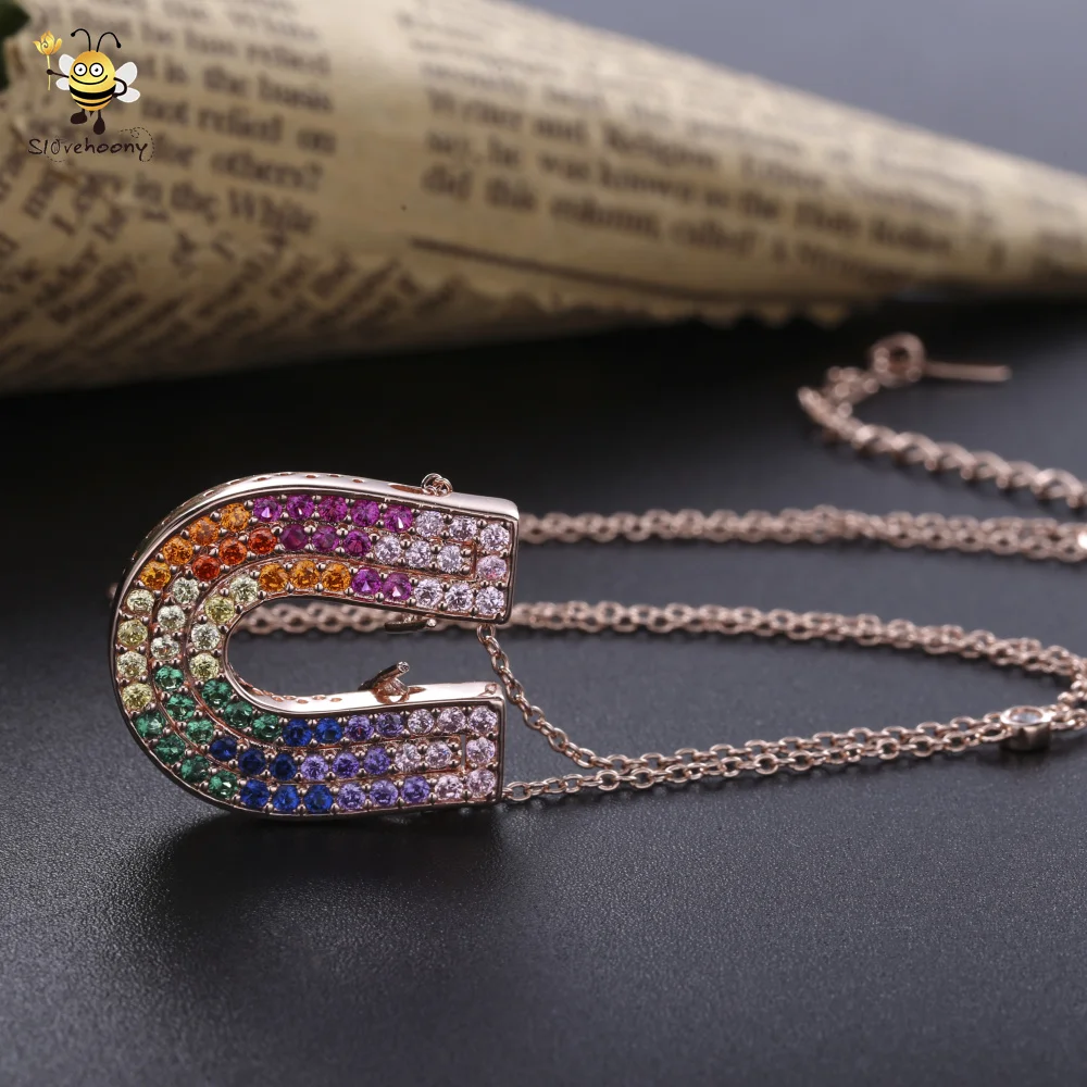 2020 Most Popular Fashion Sparkling Colorful Diamond AAA CZ Stone Horseshoes Pendant Necklace 925 Sterling Silver