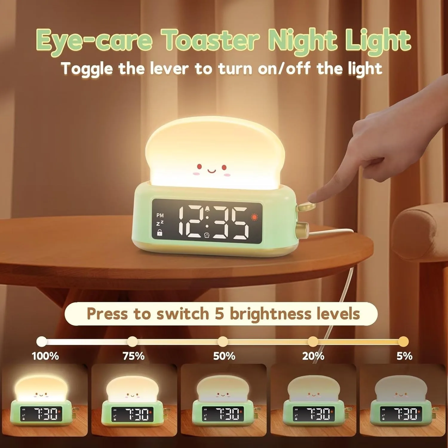 Bedside Clock with Toast Lamp 5 Alarm Tones Toast Night Light Alarm Clock Battery Operated Alarm Clock for Kids