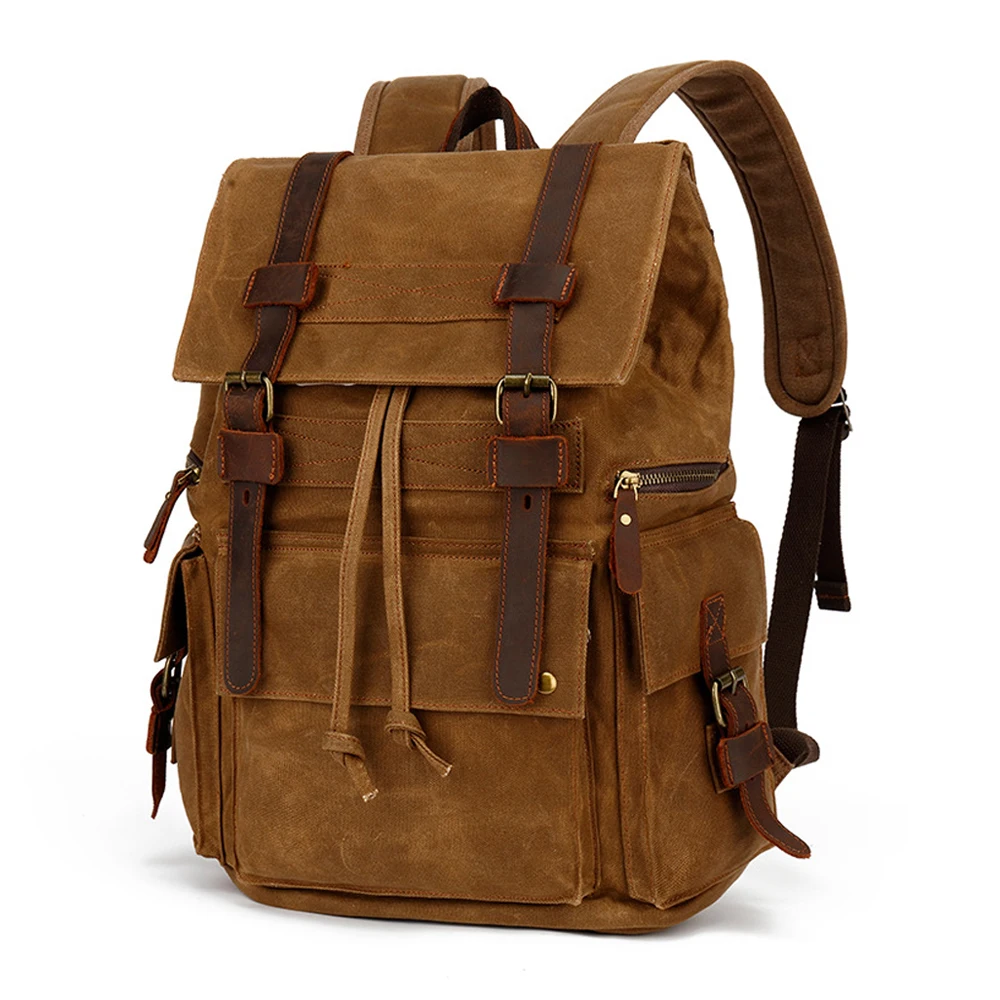 Customized Wholesale New Fashion Vintage Waterproof Genuine Leather Waxy Canvas Backpack Durable Portable Drawstring Rucksack