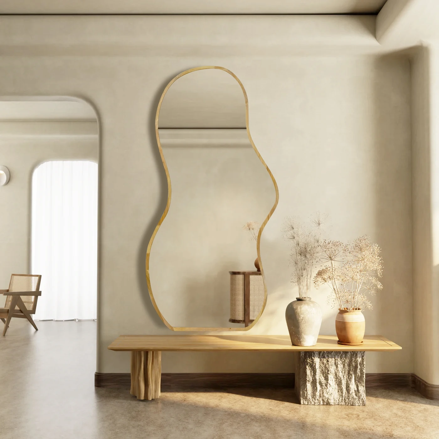 Wholesale Room Irregular Mirror Decoration Large Full Length Wooden Frame Mirror for Livingroom decor wall Wavy Decor Mirror