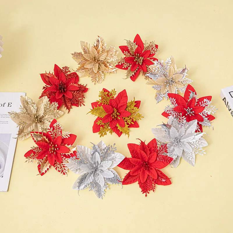 Merry Christmas Tree Decoration Artificial Christmas Flowers Hanging Ornament Gift with Clips for Xmas Wedding Party Wreath