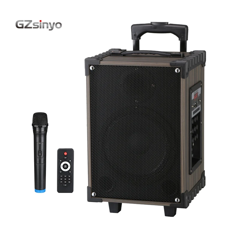8inch karaoke Blue tooth charging wooden speaker with wireless mirophone/portable trolley speaker box/music audio amplifier