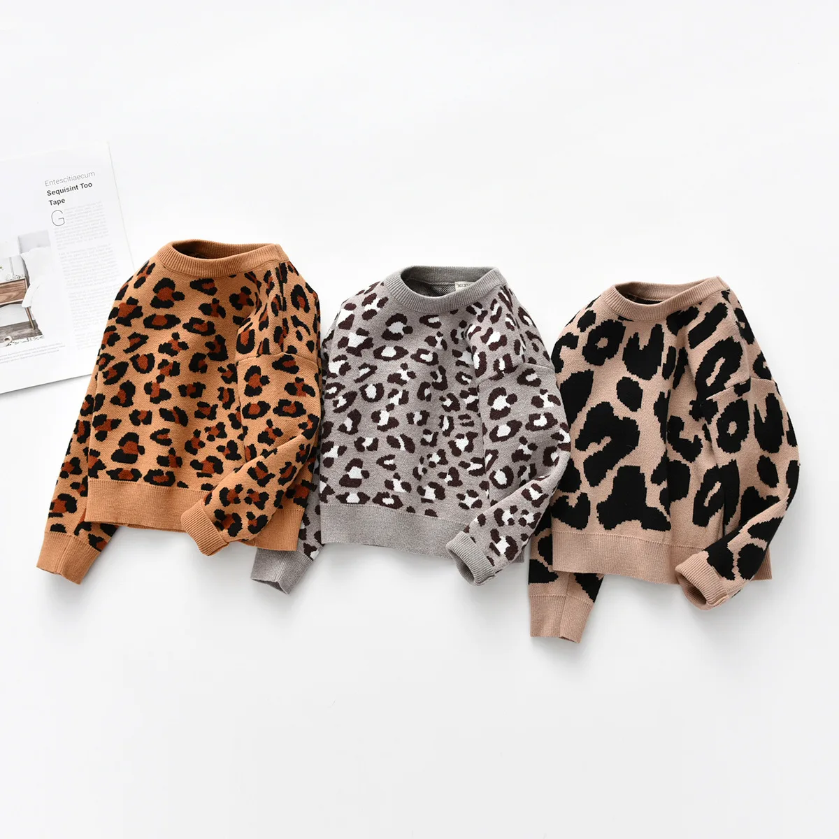 
New kids sweaters 2020 round neck leopard core-spun yarn round neck knitted kids sweaters little girl sweaters 