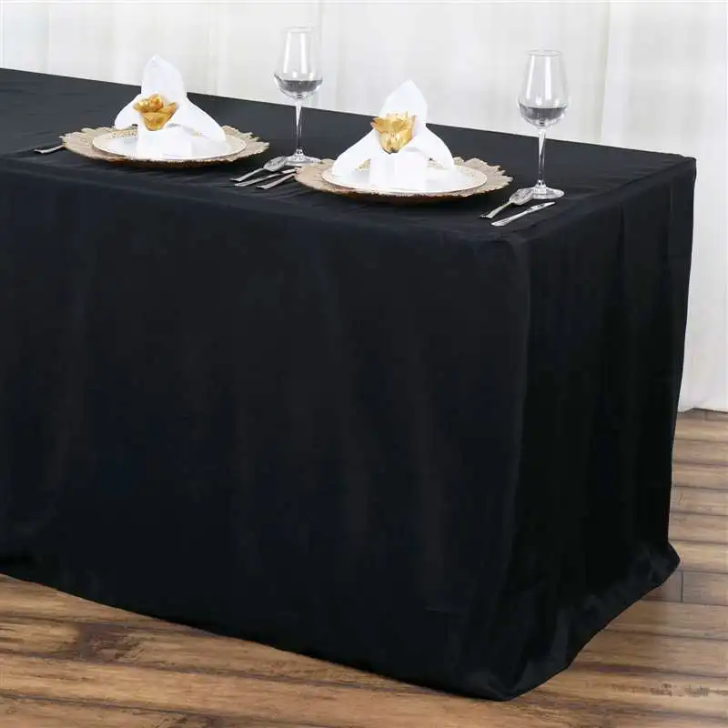 Black Fitted Rectangle Table Cloth for 6 Foot Table in Washable Polyester Buffet 6FT Fitted Tablecloth