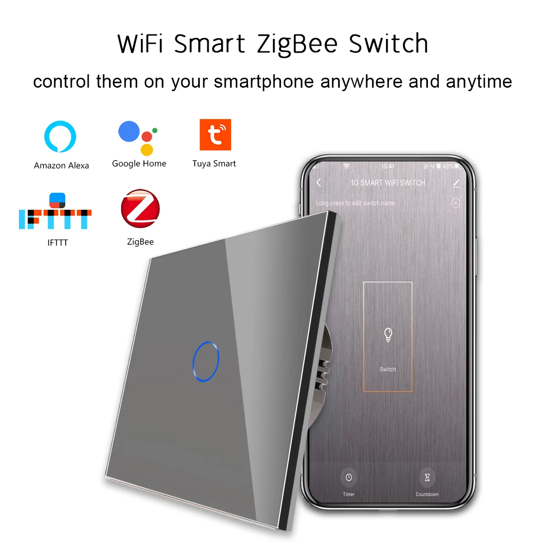 Bingoelec  home appliances  Zigbee 1gang smart switch no neutral and capacitor wall touch  electrical light switch