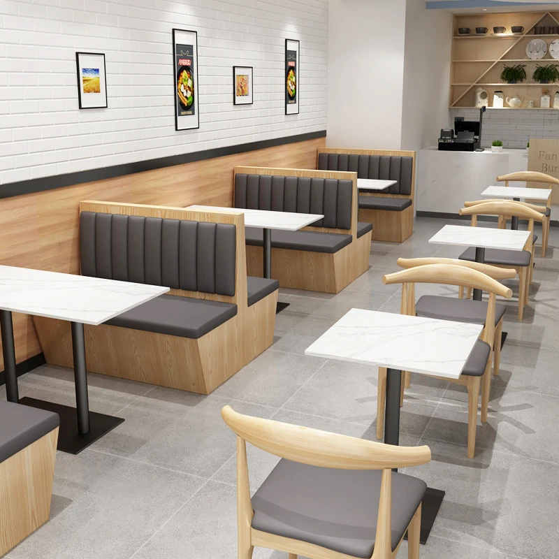 Factory custom commercial dining fast food shop wooden booth seating cafe restaurant furniture table and chair