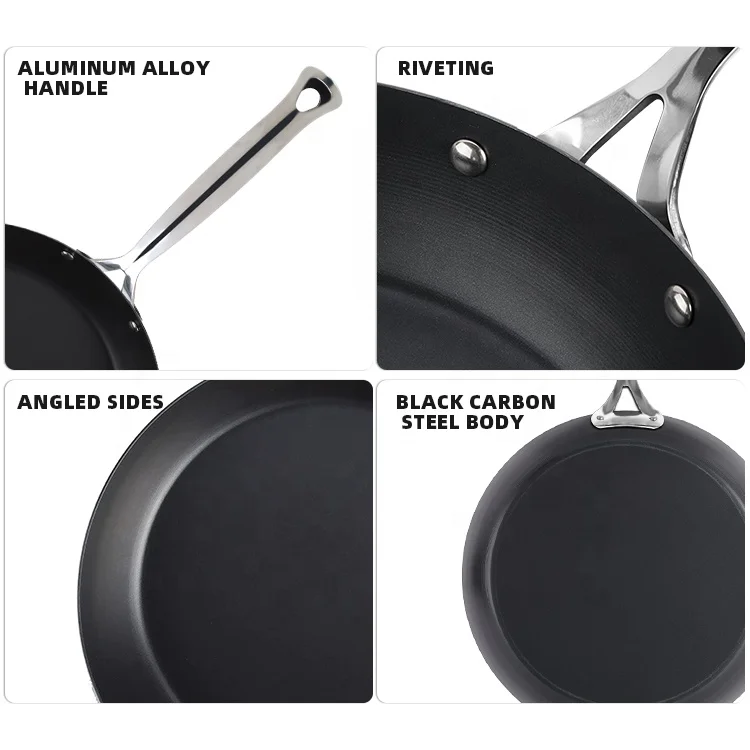 Customizable 20-30cm Carbon Steel Frying Pan Nitrided Preseason Cooking With Aluminum Alloy Hand Riveting For Restaurant