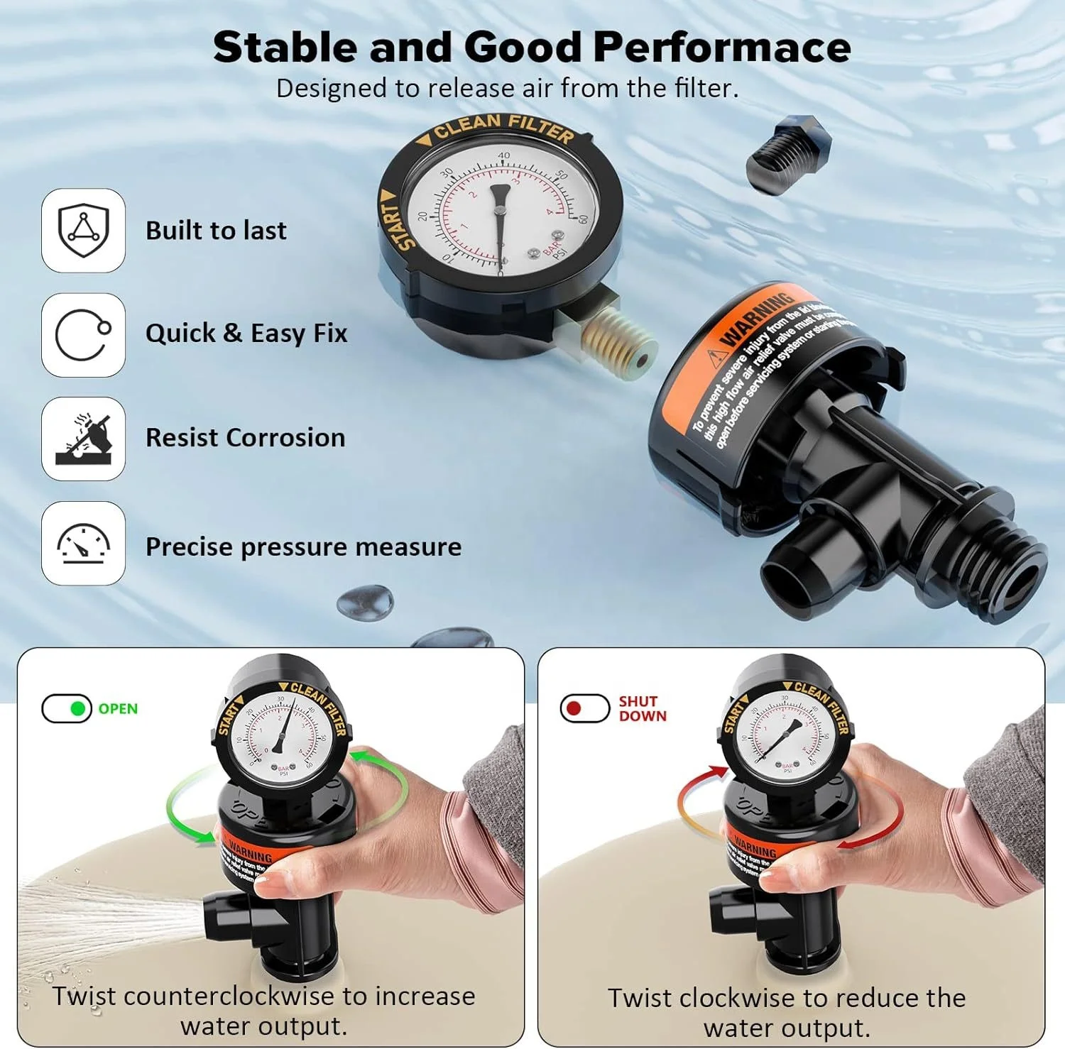 High Flow Manual Relief Valve Air Relief Manual Valve Assembly with Pressure Gauge, 98209800 Replacement for Pool and Spa Filter