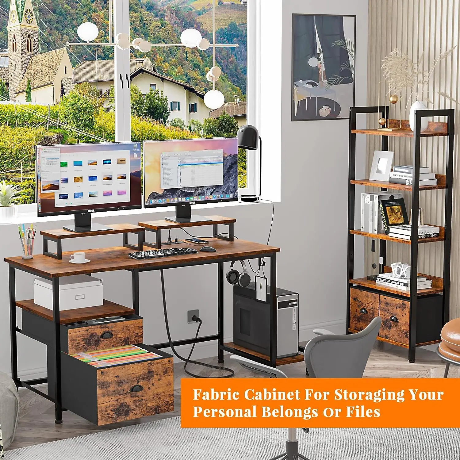 Computer Desk with Drawer and Power Outlets Office Desk Fabric File Cabinet Writing Gaming Table with Shelves Office