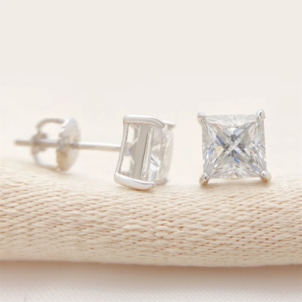 Fine Sterling Silver Jewelry 925 Gra Certidicate Vvs D Color Princess Cut Moissanite Earrings Studs Jewelry For Women
