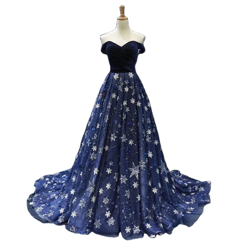 Women Off Shoulder Velvet Star Lace Navy Blue Elegant In Stock Prom Dress