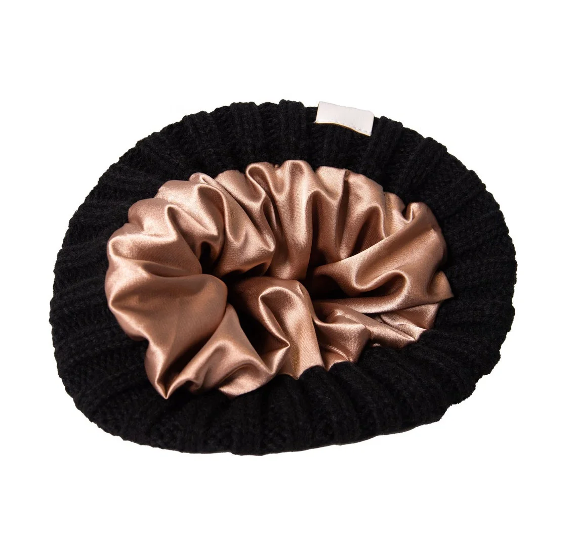 Girls Women Fox Faux Fur Pom Knitted Hat Silk Lining Toque Removable Raccoon Pom Ribbed Custom Satin Lined Wool Beanie