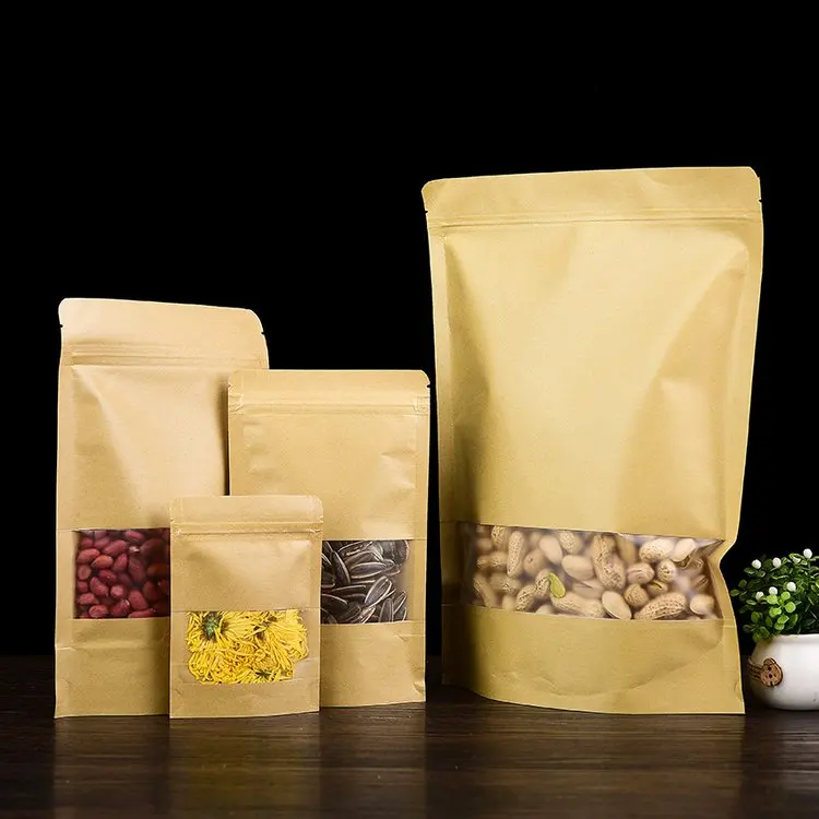 Custom Printed stand up brown kraft paper bag for food / Kraft paper pouch with zipper/ Snack Candy dried fruit nuts bag