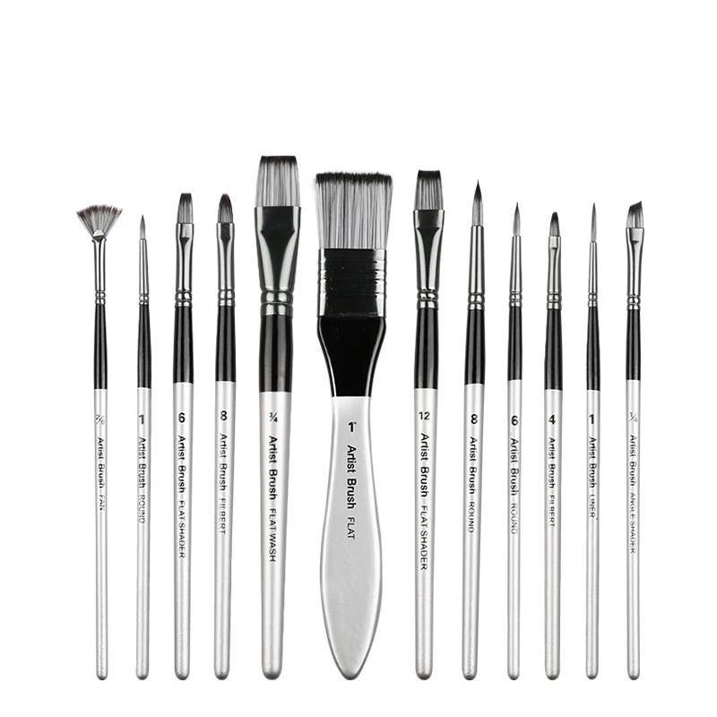 Giorgione 12pcs Grey Nylon Hair Black Aluminum Ferrule Sliver and Black Wood Handle Artist Painting Brushes