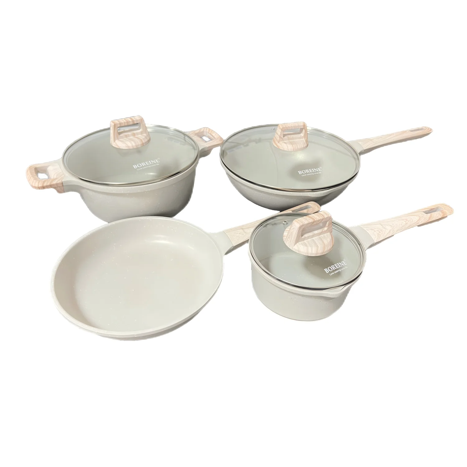 7-Piece Beige Granite Non-Stick Induction Cookware Set with Glass Cover Wooden Handle Die-Cast Aluminium Pots Oil Required