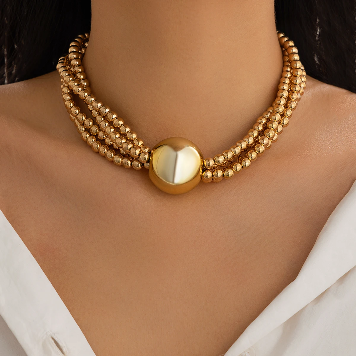 Exaggerated Layered CCB Chains Through Big Ball Short Choker Necklace for Women Trendy Ladies Collar Accessories Fashion Jewelry