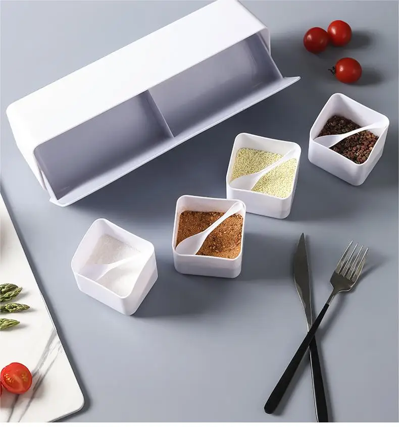 Lid Square 4-Lattice Spoon Seasoning Box PET Chopsticks Tableware Storage Herb Spice Tools Salt Pepper Sets Salt