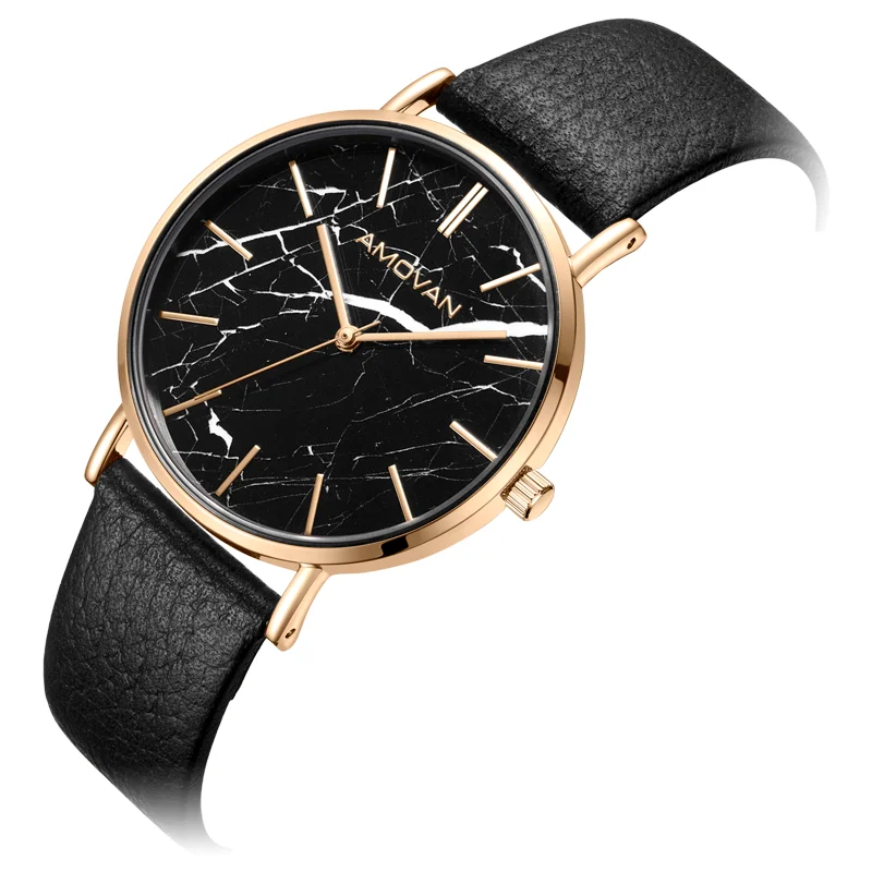Branded Black Marble genuine leather strap lady fashion watch for ladies