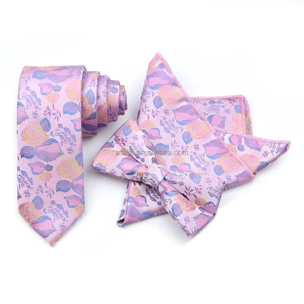 Floral Jacquard 6cm Necktie Sets Men Bow Tie Pocket Square Butterfly Wedding Handkerchief Cravat Gift Accessory