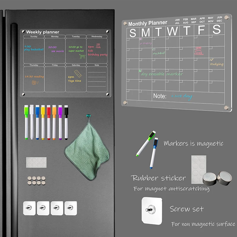 16 12inch 2 piece monthly weekly Acrylic planner calendar message writing board for fridge