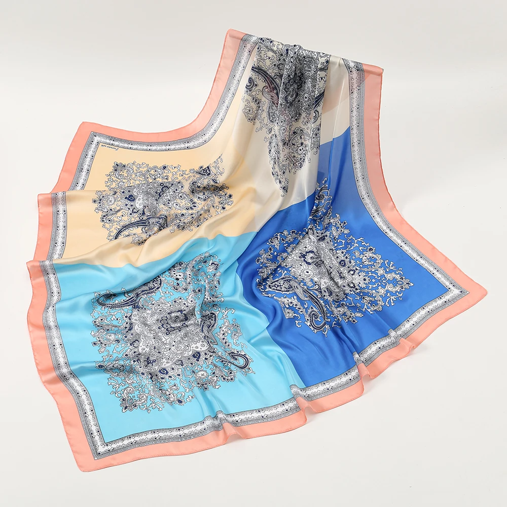 New Arrival 110*110cm Summer Hairband Bandana Floral Cashew Square Printed Hijab Women Satin Silk Scarf