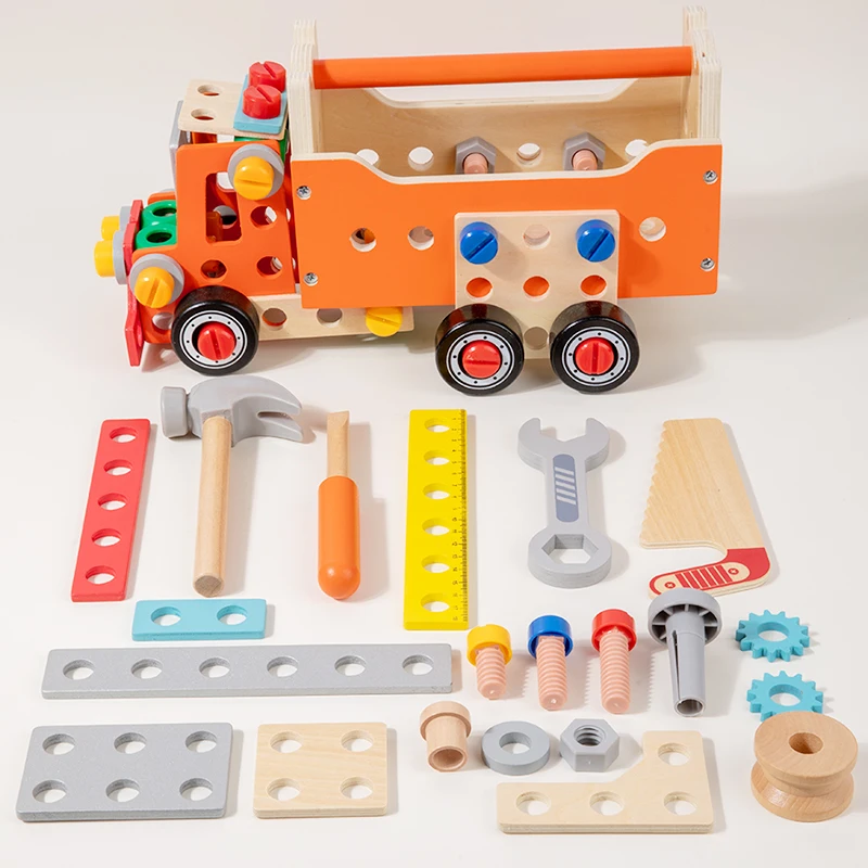 CE CPC New Arrival Screw Nut Disassembly Wooden Toolbox Early Educational Screw Nut Truck Wooden DIY Tool Assembly Toy Kids
