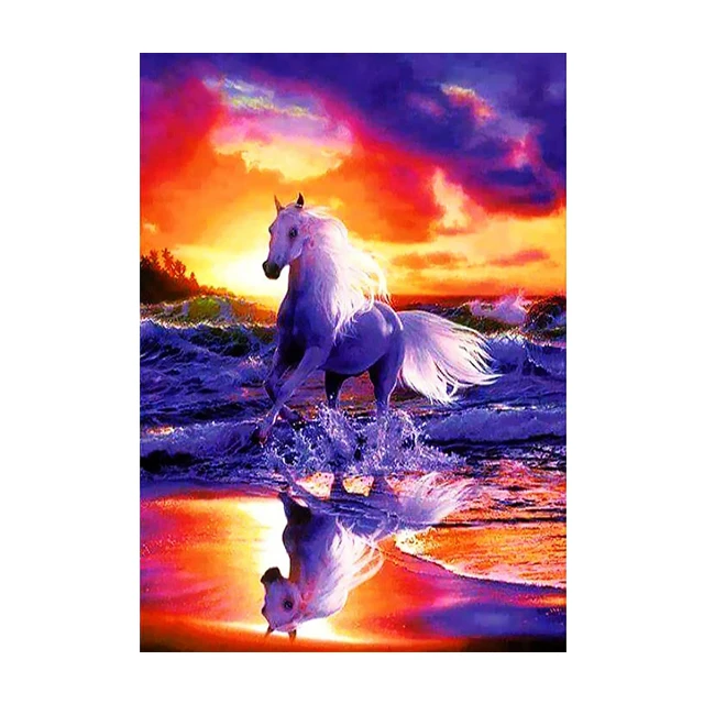 2021 wholesale Full Square Round  Diy  Short Lint Canvas White Horse wall Artwork diamond paintings