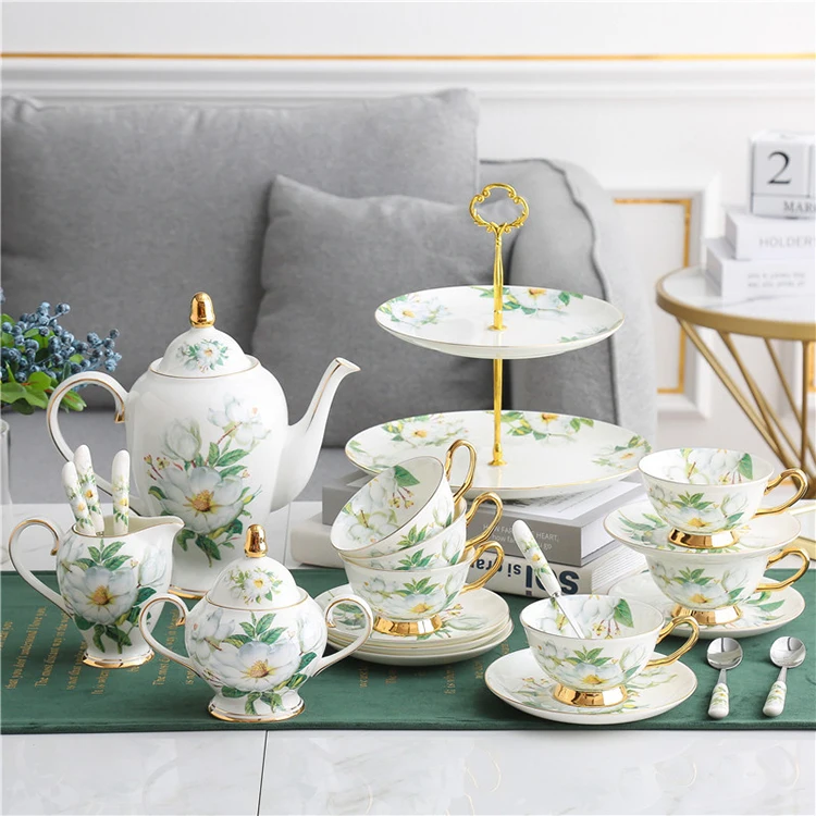 15 Pcs/Set English Camellia Pattern Gold Rim Bone China Coffee Tea Sets Cup Saucer Pot Gift Set With Dessert Tray